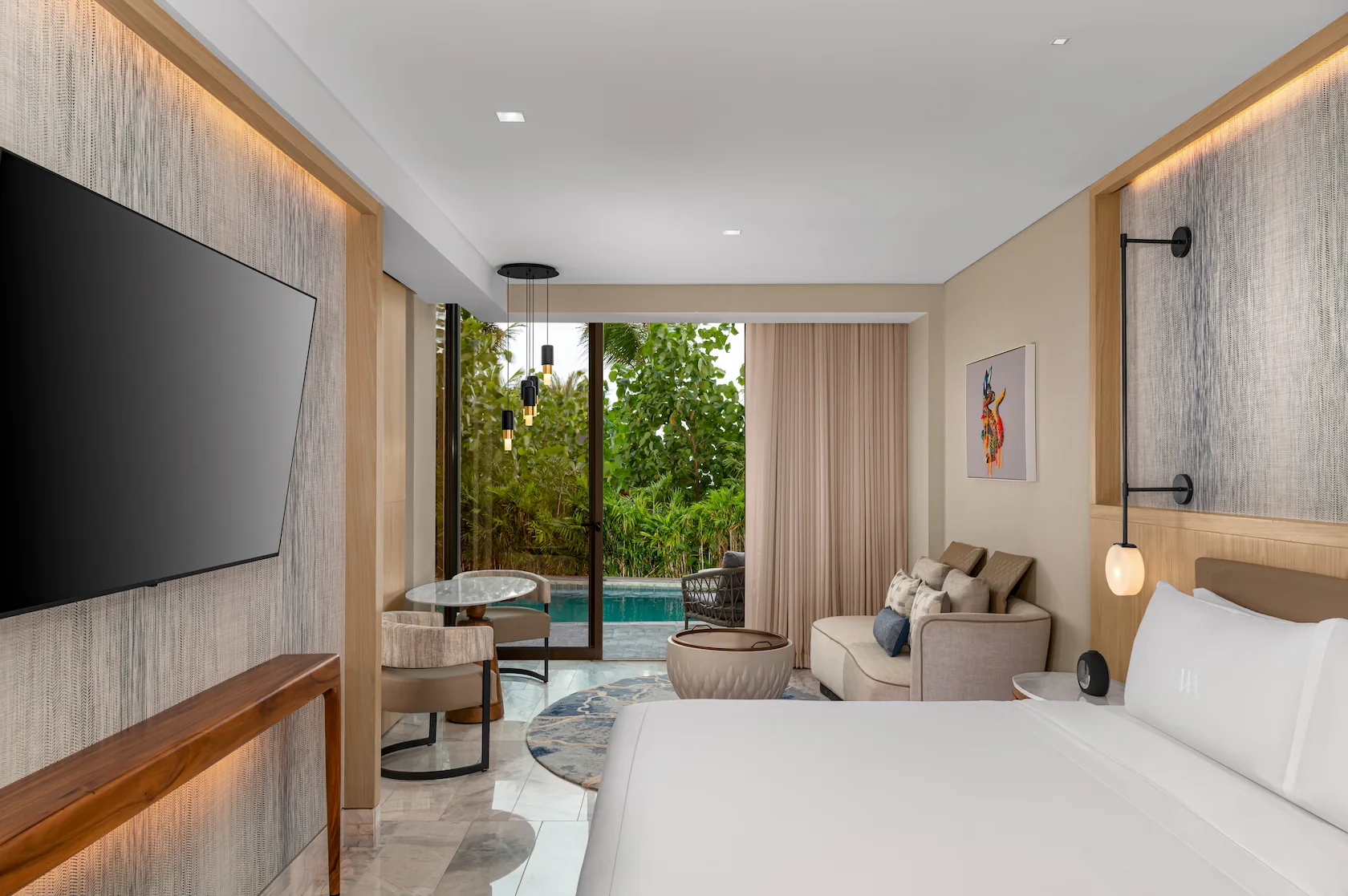 Elegant interior of SWIM UP POOL 1 KING GUESTROOM featuring a stylish design with direct pool access and tranquil surroundings