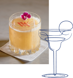 A stylish cocktail in a glass, garnished elegantly, with a minimalist illustration of a margarita glass beside it.