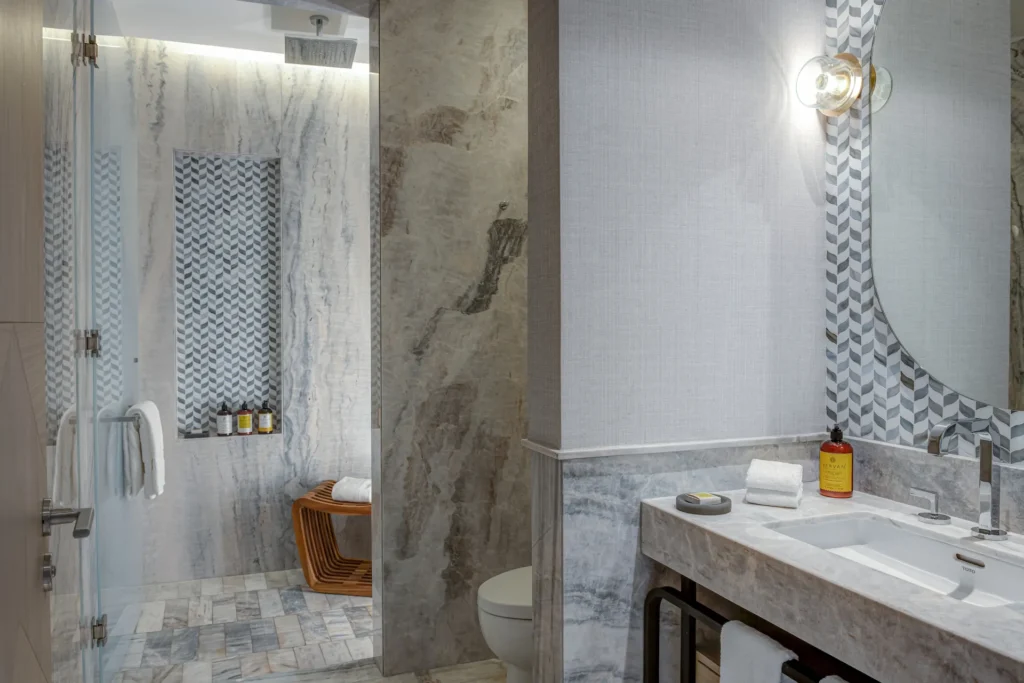 Ocean Front Suite bathroom at Waldorf Astoria Cancun with spacious and luxury finishes.