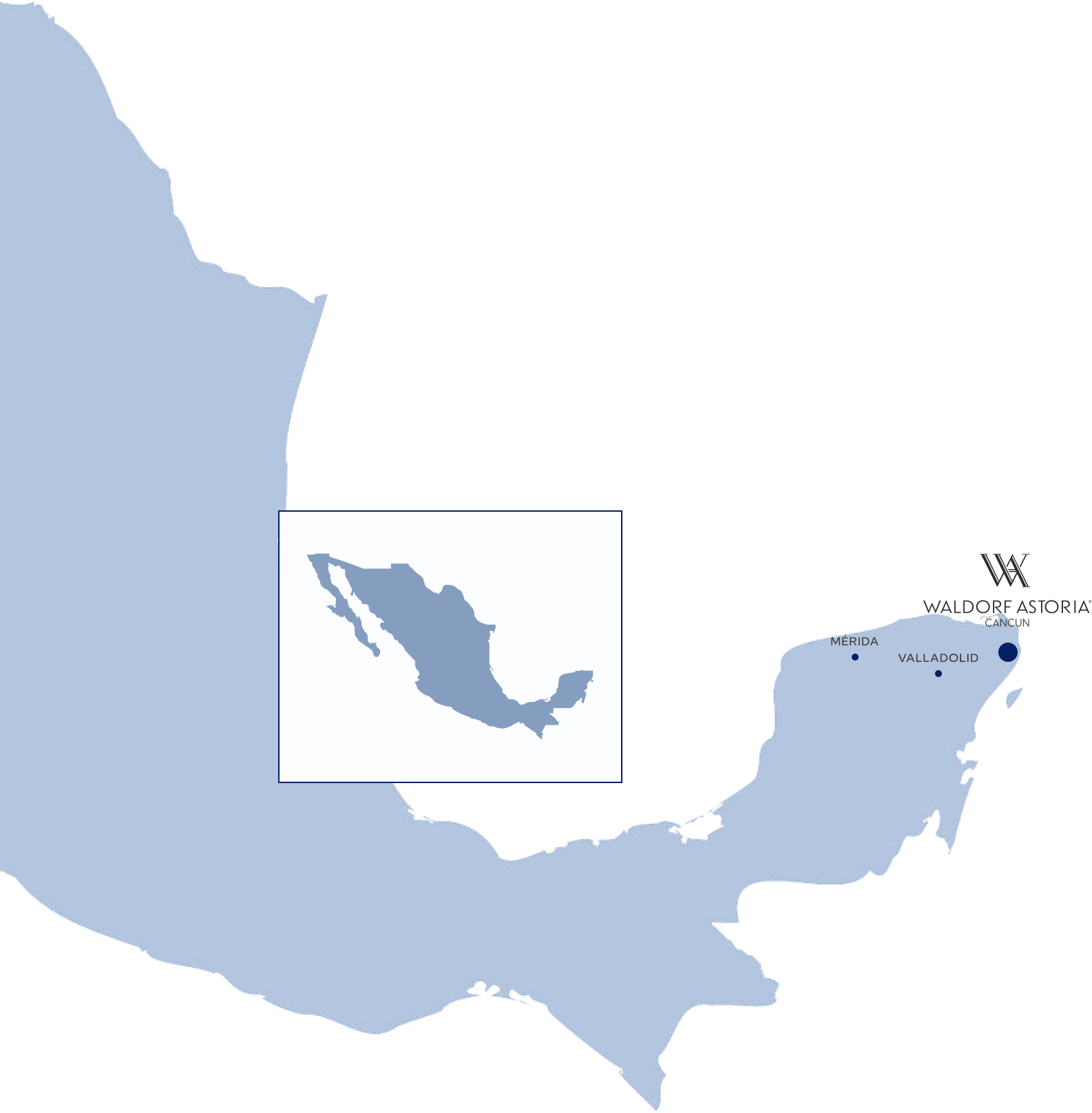 A map highlighting the locations of the Waldorf Astoria, Mérida, and Valladolid in Mexico.