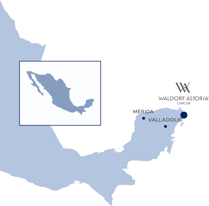 A map highlighting the locations of the Waldorf Astoria, Mérida, and Valladolid in Mexico.